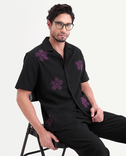 Rare Rabbit Men's Waxi Black Cotton Blend Fabric Half Sleeve Cuban Collar Relaxed Fit Embroidered Shirt