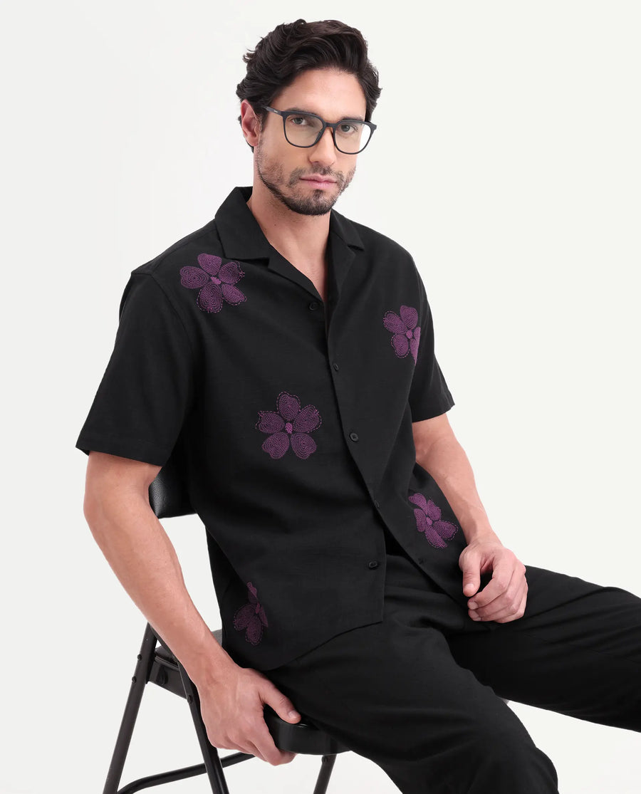 Rare Rabbit Men's Waxi Black Cotton Blend Fabric Half Sleeve Cuban Collar Relaxed Fit Embroidered Shirt