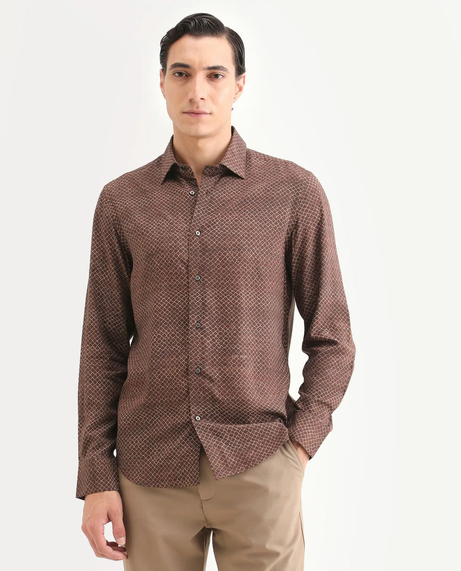 Rare Rabbit Men's Prit-L Brown Viscose Fabric Full Sleeve Spread Collar Regular Fit Geometric Print Shirt