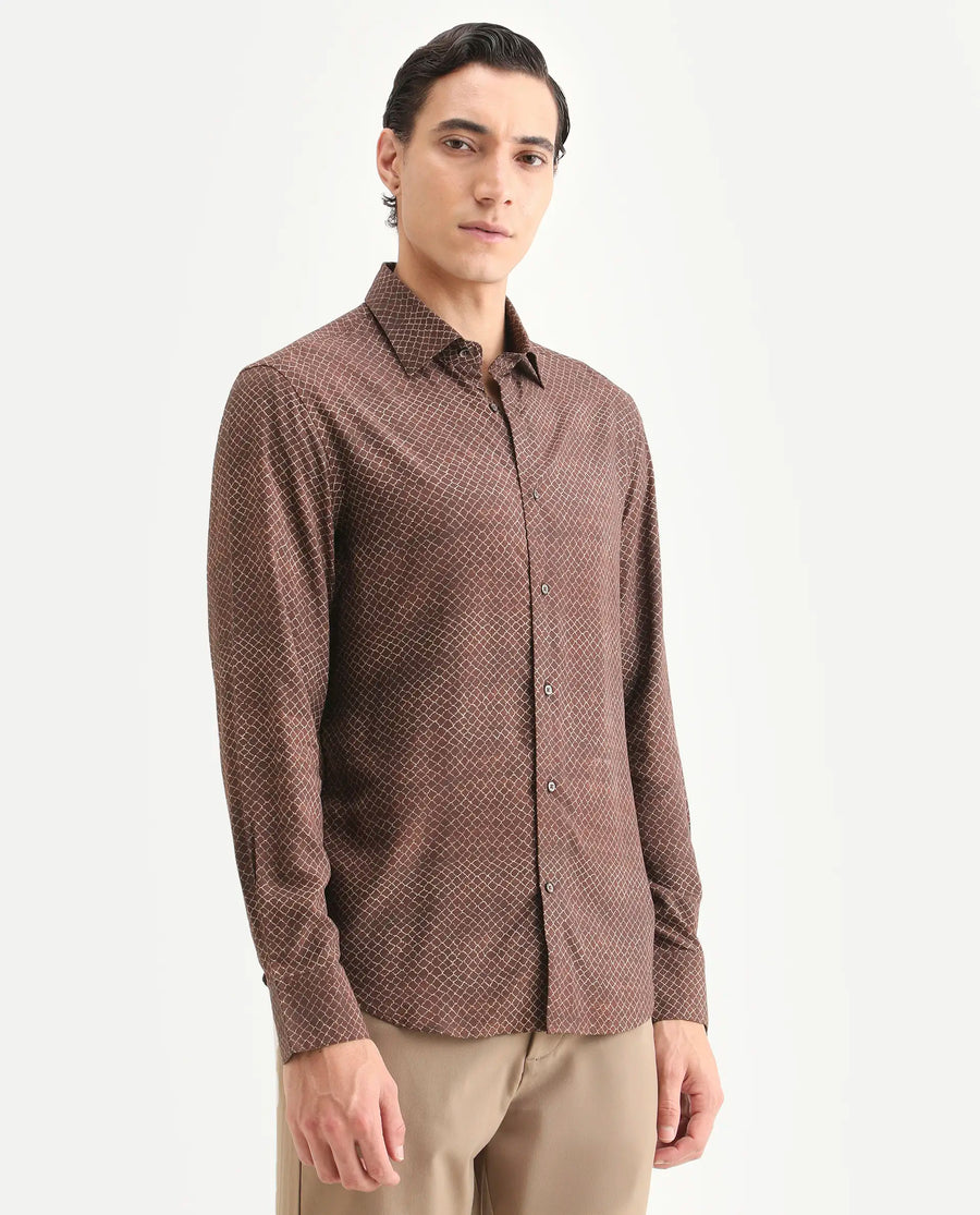 Rare Rabbit Men's Prit-L Brown Viscose Fabric Full Sleeve Spread Collar Regular Fit Geometric Print Shirt