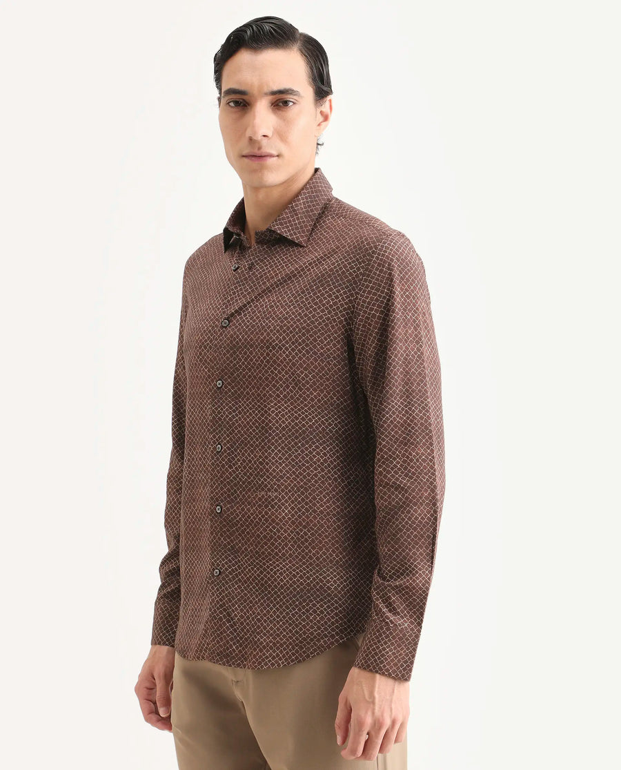 Rare Rabbit Men's Prit-L Brown Viscose Fabric Full Sleeve Spread Collar Regular Fit Geometric Print Shirt