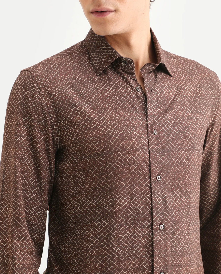 Rare Rabbit Men's Prit-L Brown Viscose Fabric Full Sleeve Spread Collar Regular Fit Geometric Print Shirt