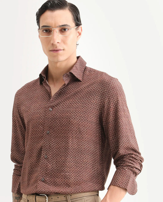 Rare Rabbit Men's Prit-L Brown Viscose Fabric Full Sleeve Spread Collar Regular Fit Geometric Print Shirt