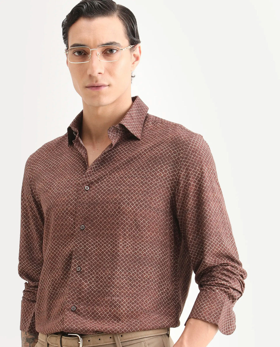 Rare Rabbit Men's Prit-L Brown Viscose Fabric Full Sleeve Spread Collar Regular Fit Geometric Print Shirt