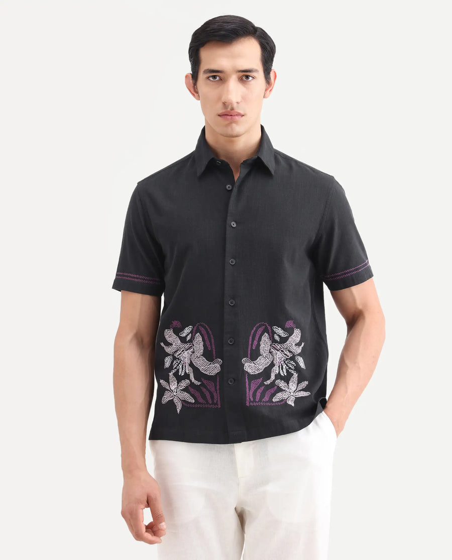 Rare Rabbit Men's Dran Black Cotton Blend Fabric Half Sleeve Spread Collar Regular Fit Embroidered Shirt