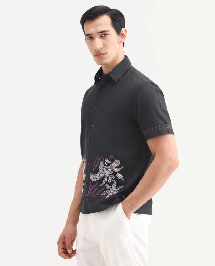Rare Rabbit Men's Dran Black Cotton Blend Fabric Half Sleeve Spread Collar Regular Fit Embroidered Shirt