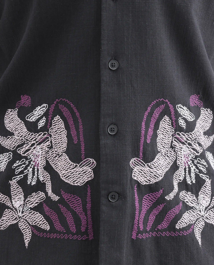 Rare Rabbit Men's Dran Black Cotton Blend Fabric Half Sleeve Spread Collar Regular Fit Embroidered Shirt