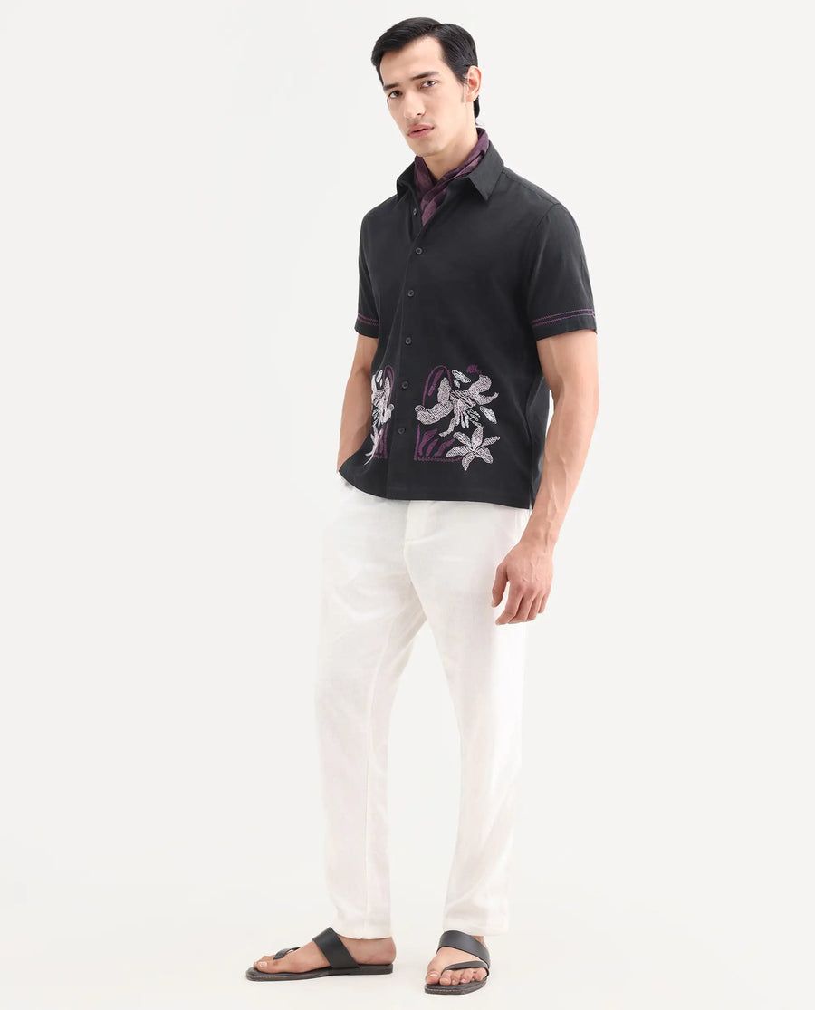 Rare Rabbit Men's Dran Black Cotton Blend Fabric Half Sleeve Spread Collar Regular Fit Embroidered Shirt