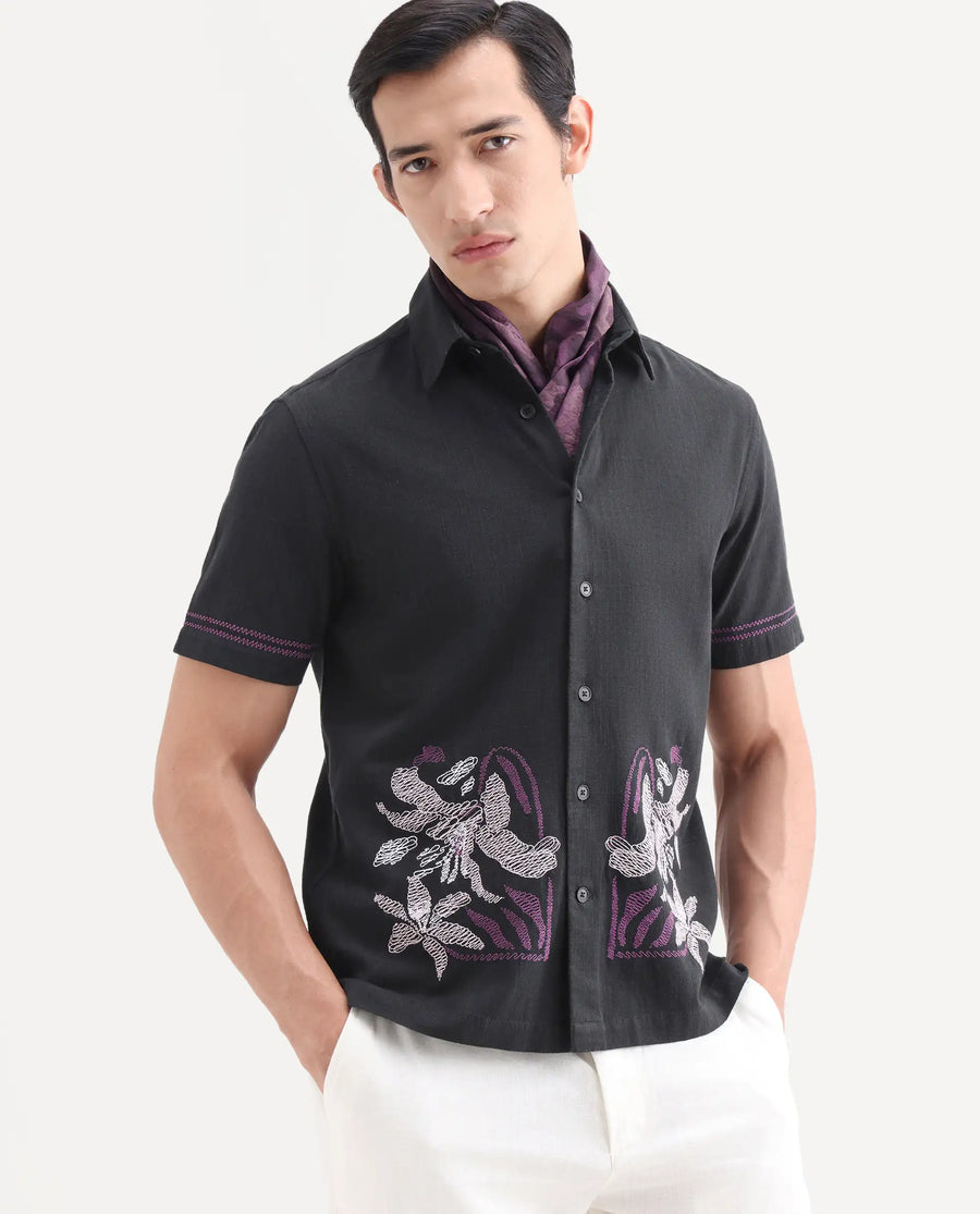 Rare Rabbit Men's Dran Black Cotton Blend Fabric Half Sleeve Spread Collar Regular Fit Embroidered Shirt
