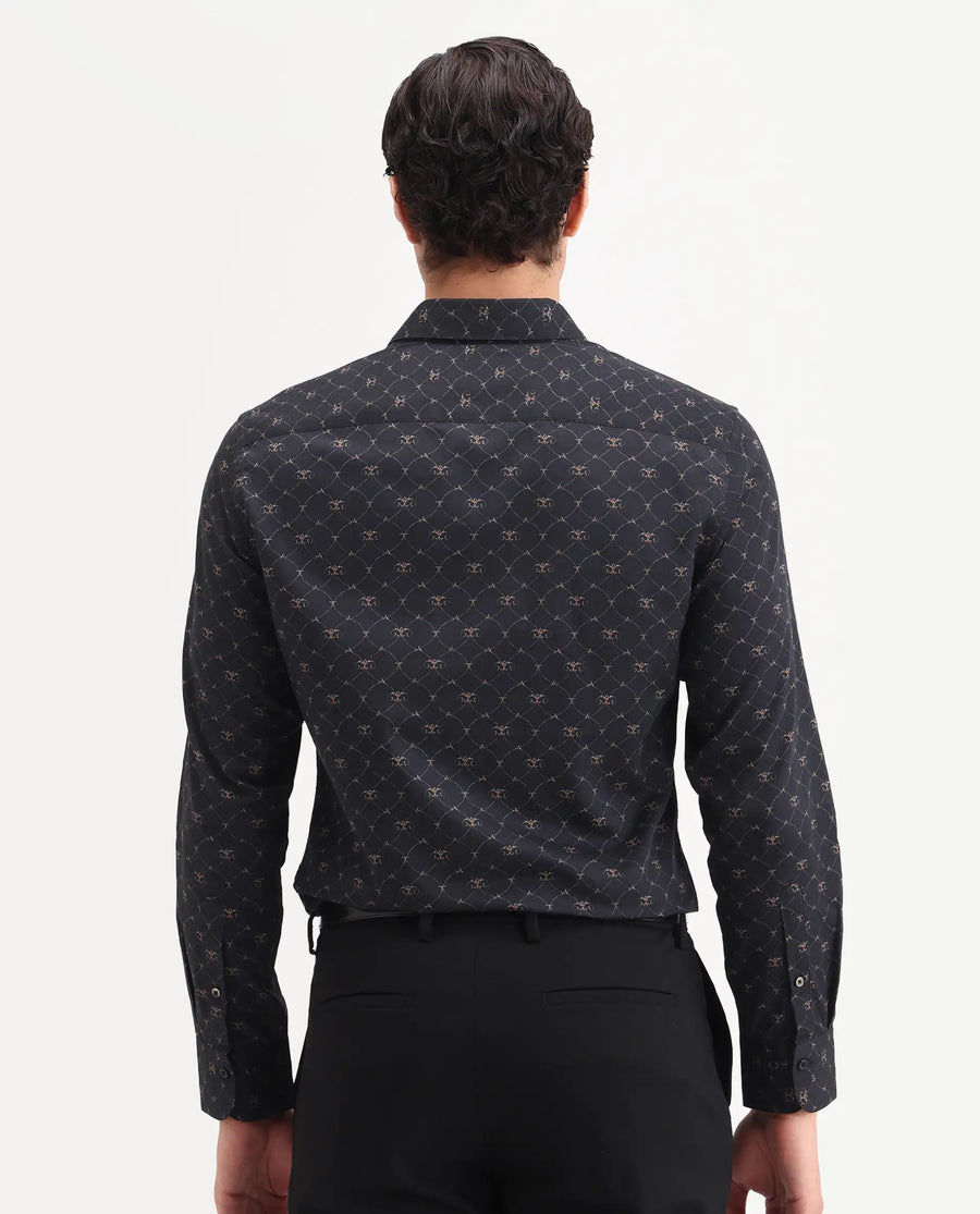Rare Rabbit Men's Rems Black Cotton Fabric Full Sleeve Spread Collar Regular Fit Geometric Print Shirt