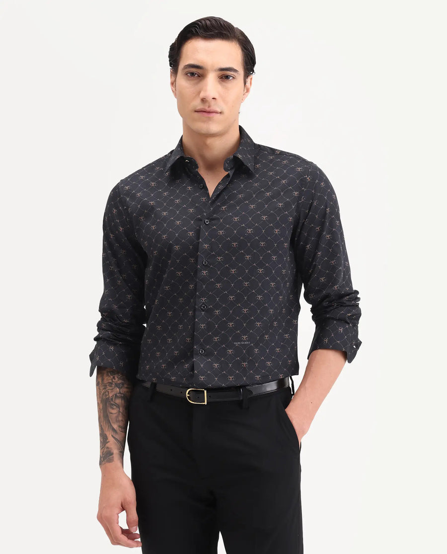 Rare Rabbit Men's Rems Black Cotton Fabric Full Sleeve Spread Collar Regular Fit Geometric Print Shirt
