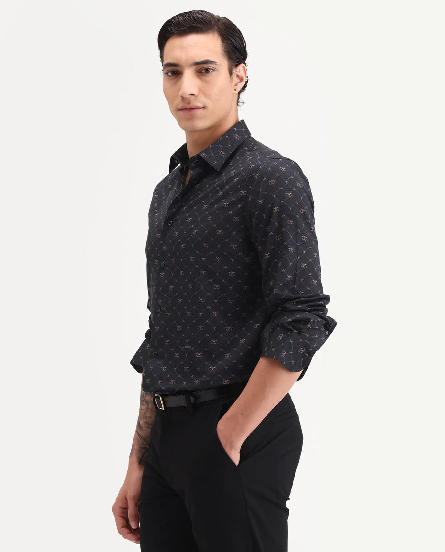 Rare Rabbit Men's Rems Black Cotton Fabric Full Sleeve Spread Collar Regular Fit Geometric Print Shirt