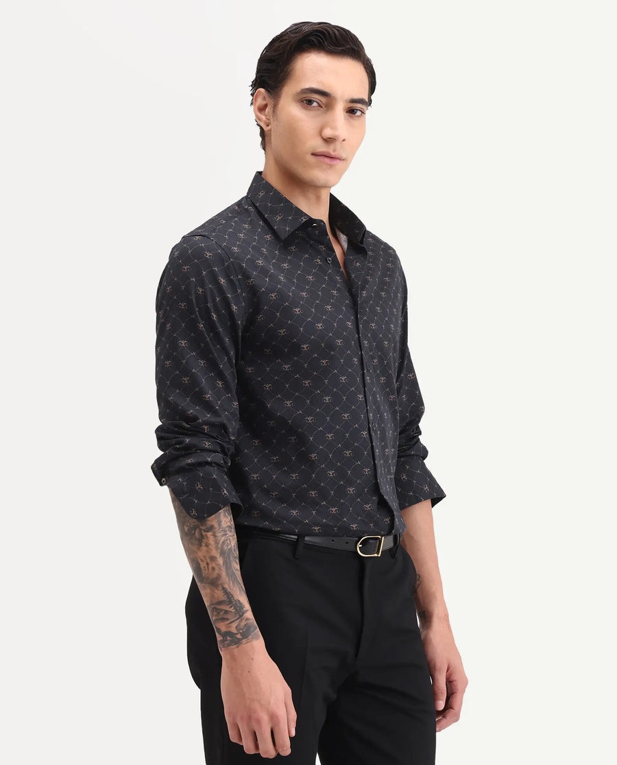 Rare Rabbit Men's Rems Black Cotton Fabric Full Sleeve Spread Collar Regular Fit Geometric Print Shirt