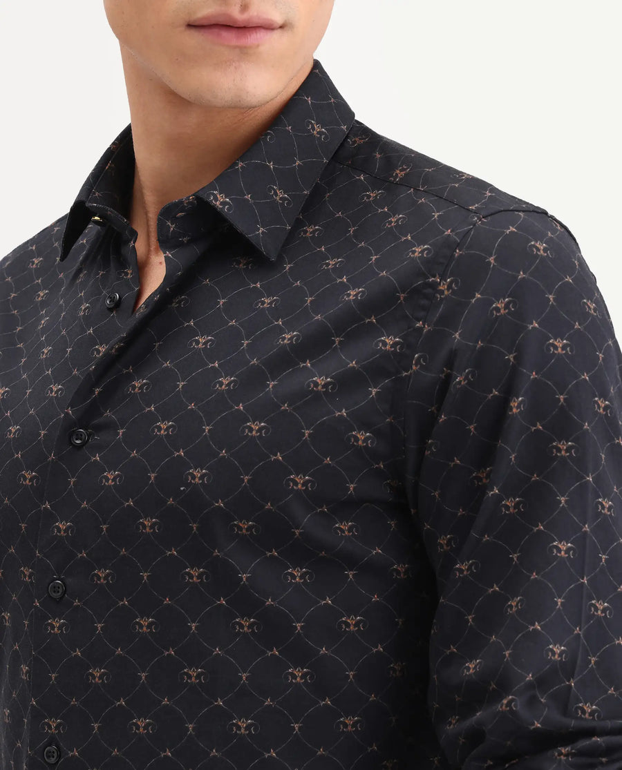 Rare Rabbit Men's Rems Black Cotton Fabric Full Sleeve Spread Collar Regular Fit Geometric Print Shirt