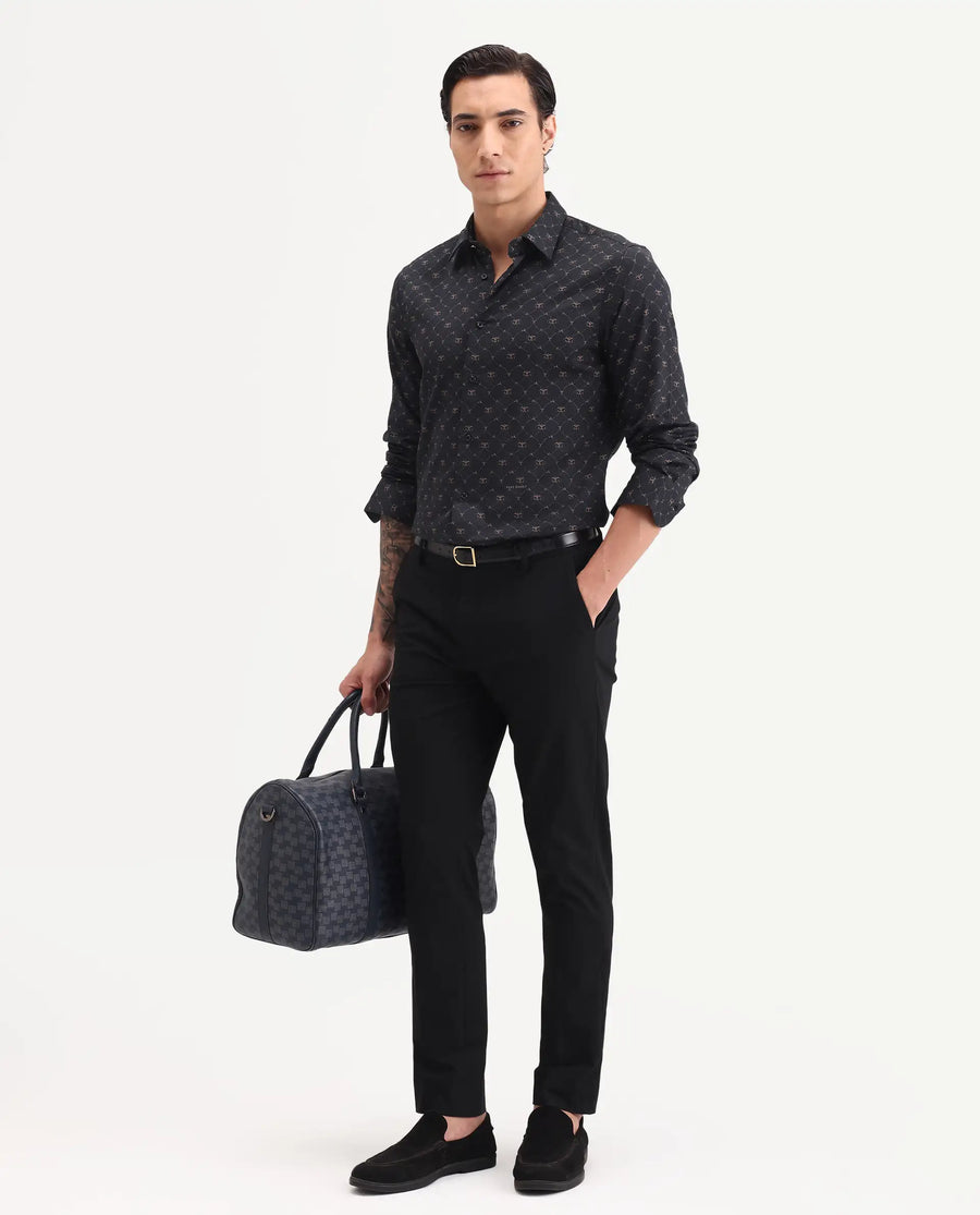Rare Rabbit Men's Rems Black Cotton Fabric Full Sleeve Spread Collar Regular Fit Geometric Print Shirt