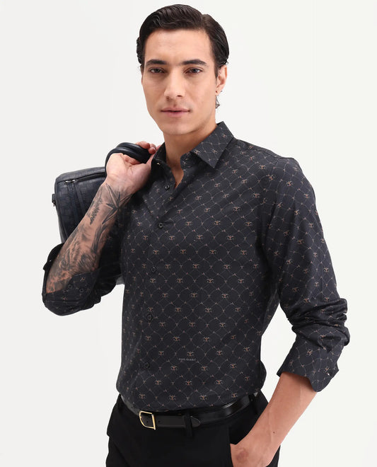 Rare Rabbit Men's Rems Black Cotton Fabric Full Sleeve Spread Collar Regular Fit Geometric Print Shirt