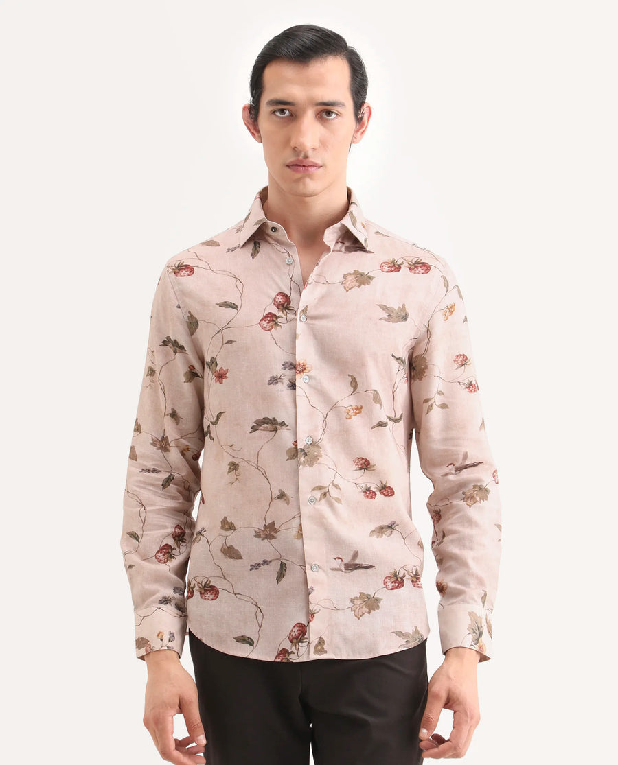 Rare Rabbit Men's Renu Dusky Pink Linen Blend Fabric Full Sleeve Spread Collar Regular Fit Floral Print Shirt