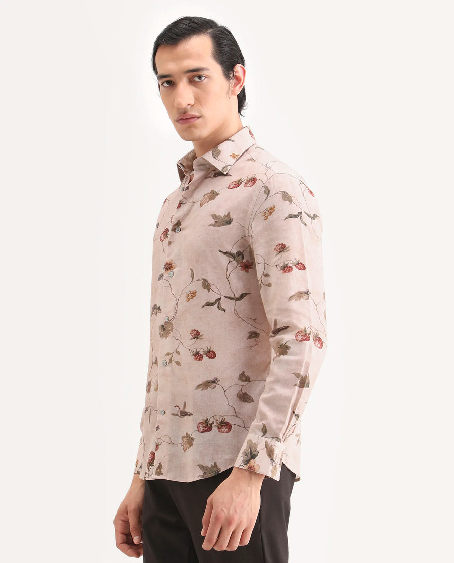 Rare Rabbit Men's Renu Dusky Pink Linen Blend Fabric Full Sleeve Spread Collar Regular Fit Floral Print Shirt
