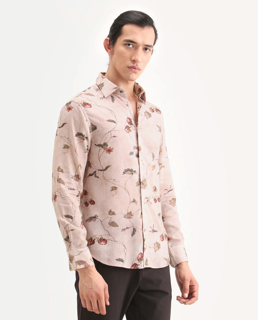 Rare Rabbit Men's Renu Dusky Pink Linen Blend Fabric Full Sleeve Spread Collar Regular Fit Floral Print Shirt