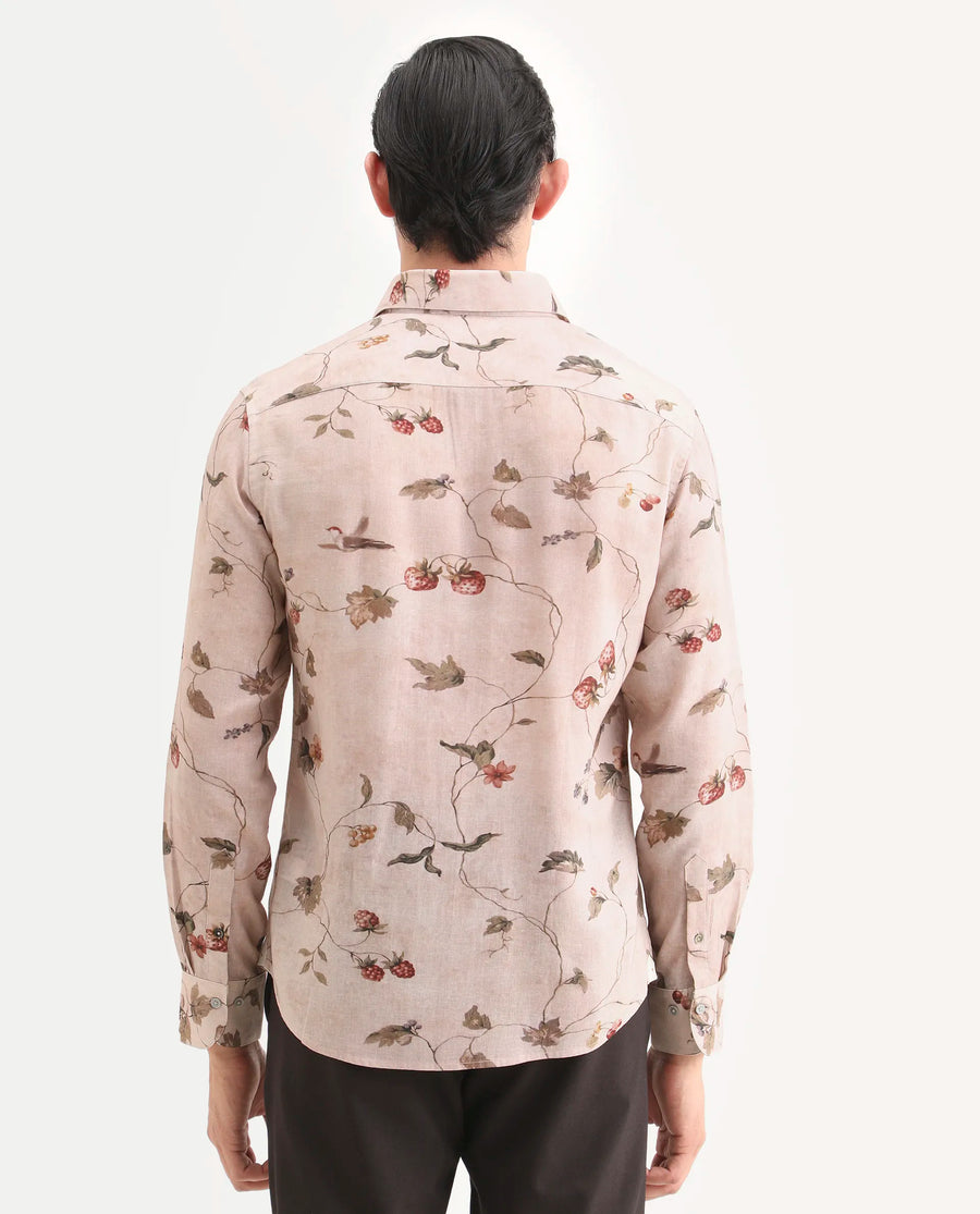 Rare Rabbit Men's Renu Dusky Pink Linen Blend Fabric Full Sleeve Spread Collar Regular Fit Floral Print Shirt