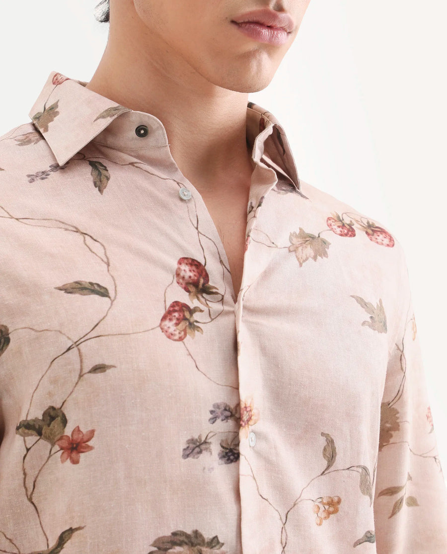 Rare Rabbit Men's Renu Dusky Pink Linen Blend Fabric Full Sleeve Spread Collar Regular Fit Floral Print Shirt