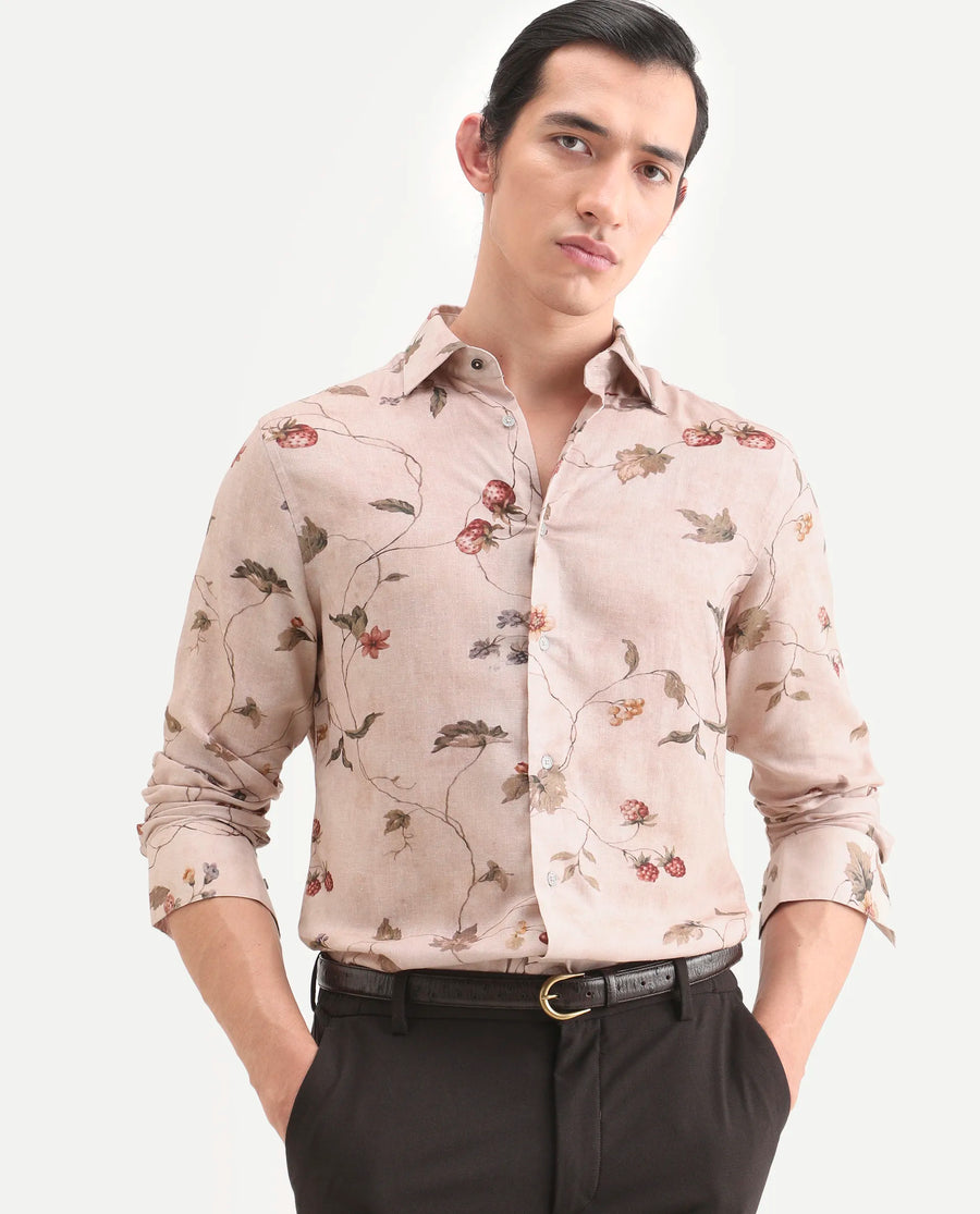 Rare Rabbit Men's Renu Dusky Pink Linen Blend Fabric Full Sleeve Spread Collar Regular Fit Floral Print Shirt