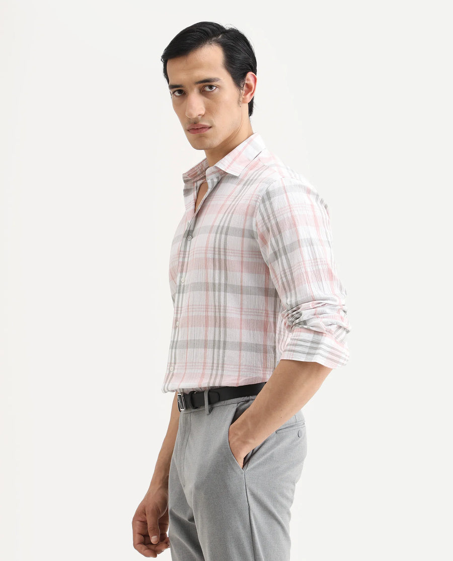 Rare Rabbit Men's Pinge-26 Pastel Pink Cotton Fabric Full Sleeve Spread Collar Regular Fit Checked Shirt