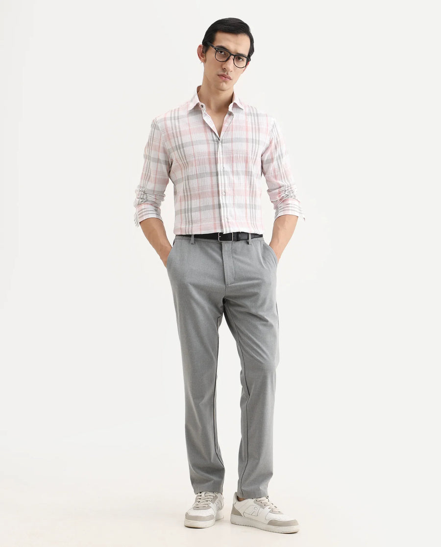Rare Rabbit Men's Pinge-26 Pastel Pink Cotton Fabric Full Sleeve Spread Collar Regular Fit Checked Shirt