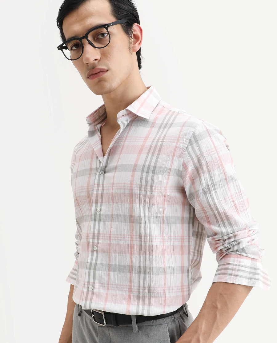 Rare Rabbit Men's Pinge-26 Pastel Pink Cotton Fabric Full Sleeve Spread Collar Regular Fit Checked Shirt