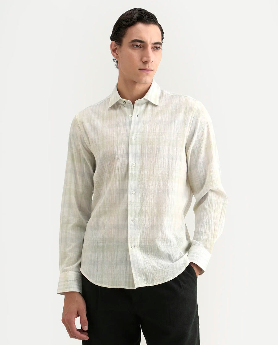 Rare Rabbit Men's Pinge-26 Pastel Green Cotton Fabric Full Sleeve Spread Collar Regular Fit Checked Shirt