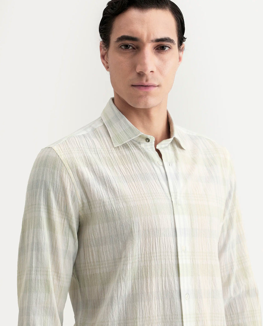 Rare Rabbit Men's Pinge-26 Pastel Green Cotton Fabric Full Sleeve Spread Collar Regular Fit Checked Shirt
