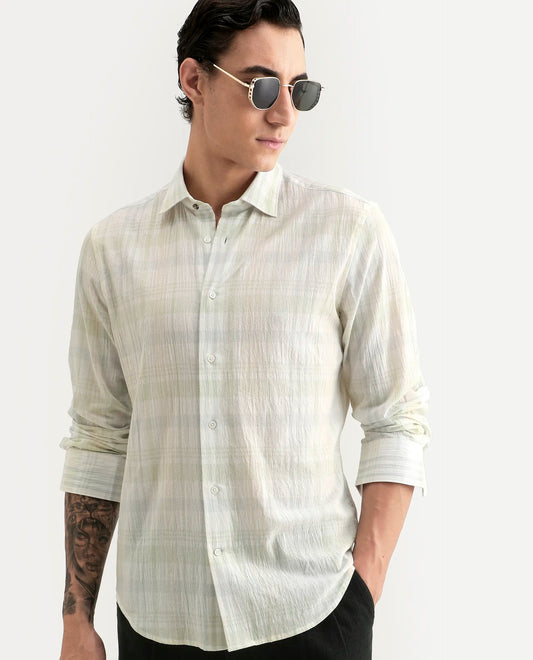 Rare Rabbit Men's Pinge-26 Pastel Green Cotton Fabric Full Sleeve Spread Collar Regular Fit Checked Shirt