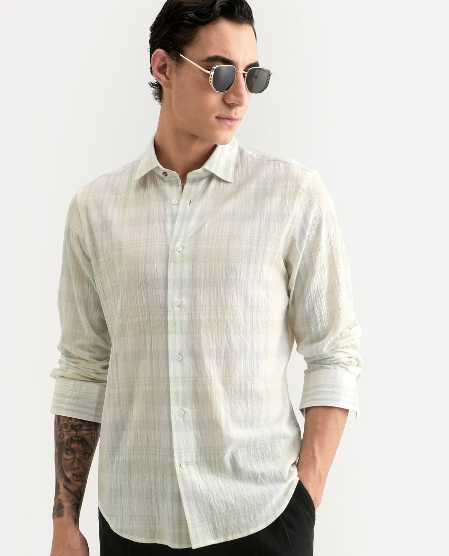 Rare Rabbit Men's Pinge-26 Pastel Green Cotton Fabric Full Sleeve Spread Collar Regular Fit Checked Shirt
