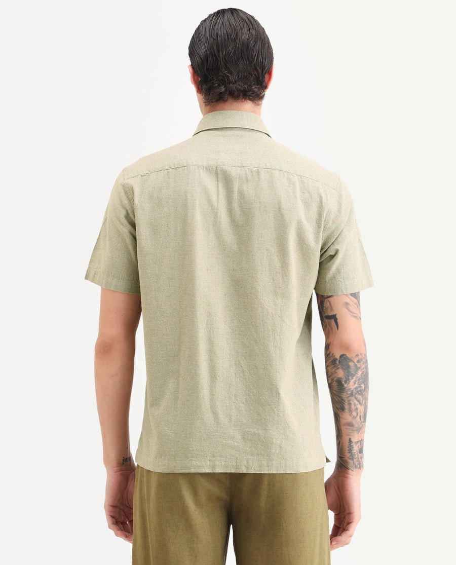 Rare Rabbit Men's Rode Green Cotton Blend Fabric Half Sleeve Spread Collar Regular Fit Plain Shirt