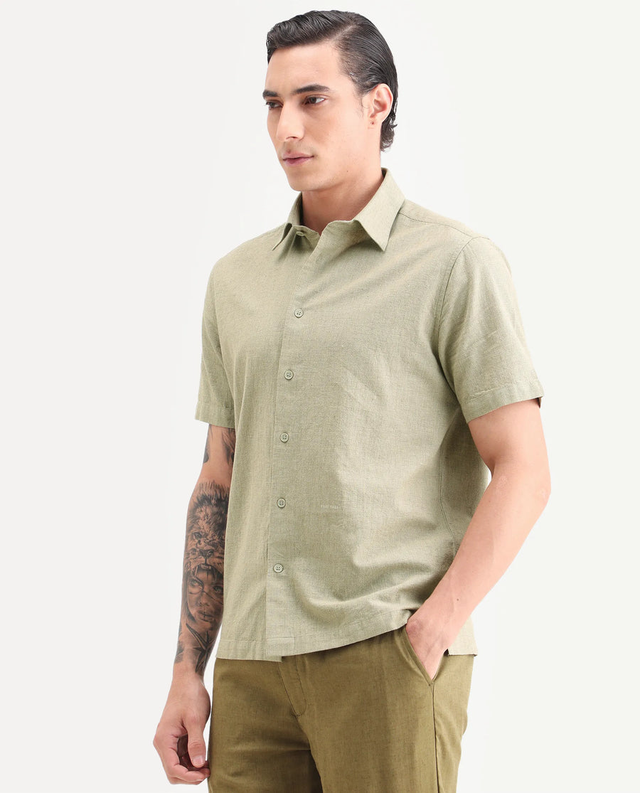 Rare Rabbit Men's Rode Green Cotton Blend Fabric Half Sleeve Spread Collar Regular Fit Plain Shirt