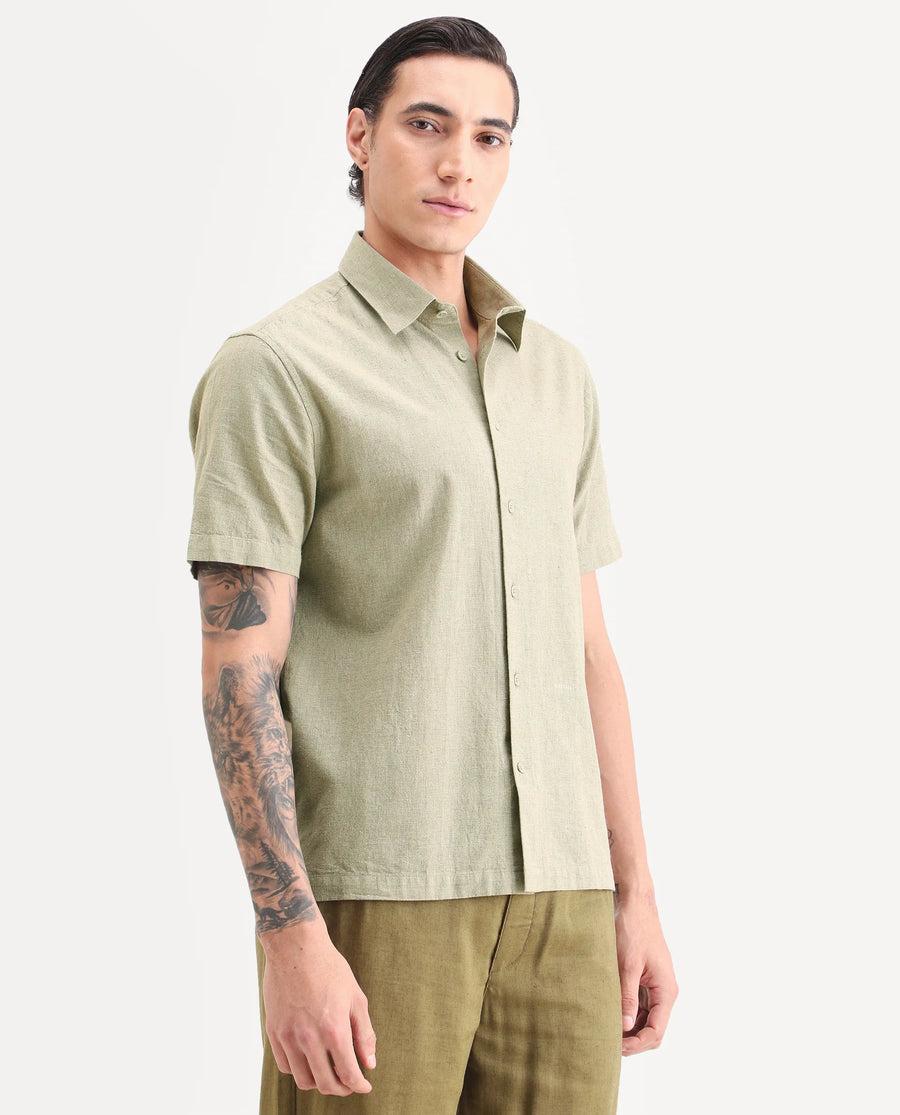 Rare Rabbit Men's Rode Green Cotton Blend Fabric Half Sleeve Spread Collar Regular Fit Plain Shirt