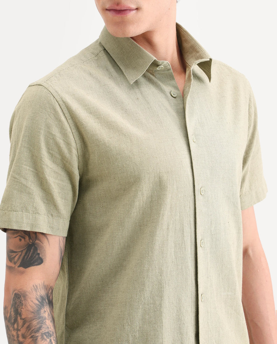 Rare Rabbit Men's Rode Green Cotton Blend Fabric Half Sleeve Spread Collar Regular Fit Plain Shirt