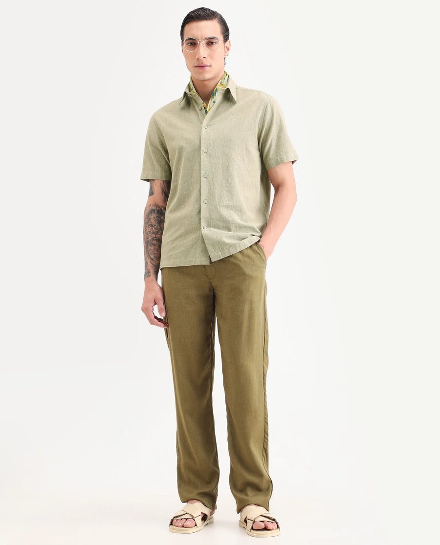 Rare Rabbit Men's Rode Green Cotton Blend Fabric Half Sleeve Spread Collar Regular Fit Plain Shirt