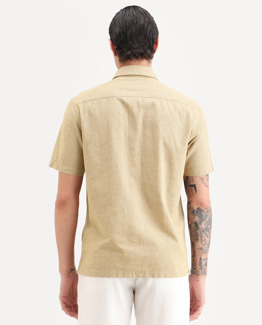 Rare Rabbit Men's Rode Musturd Cotton Blend Fabric Half Sleeve Spread Collar Regular Fit Plain Shirt