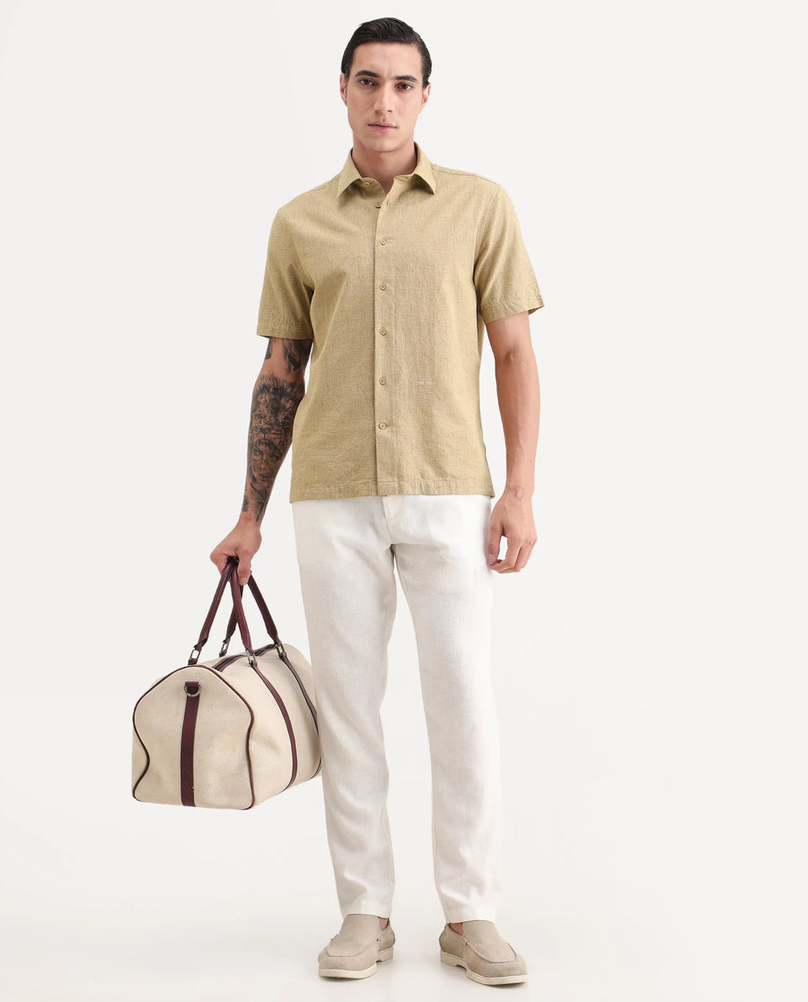 Rare Rabbit Men's Rode Musturd Cotton Blend Fabric Half Sleeve Spread Collar Regular Fit Plain Shirt