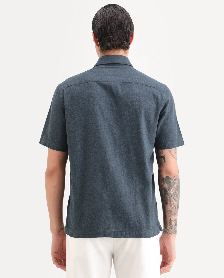Rare Rabbit Men's Rode Dark Blue Cotton Blend Fabric Half Sleeve Spread Collar Regular Fit Plain Shirt