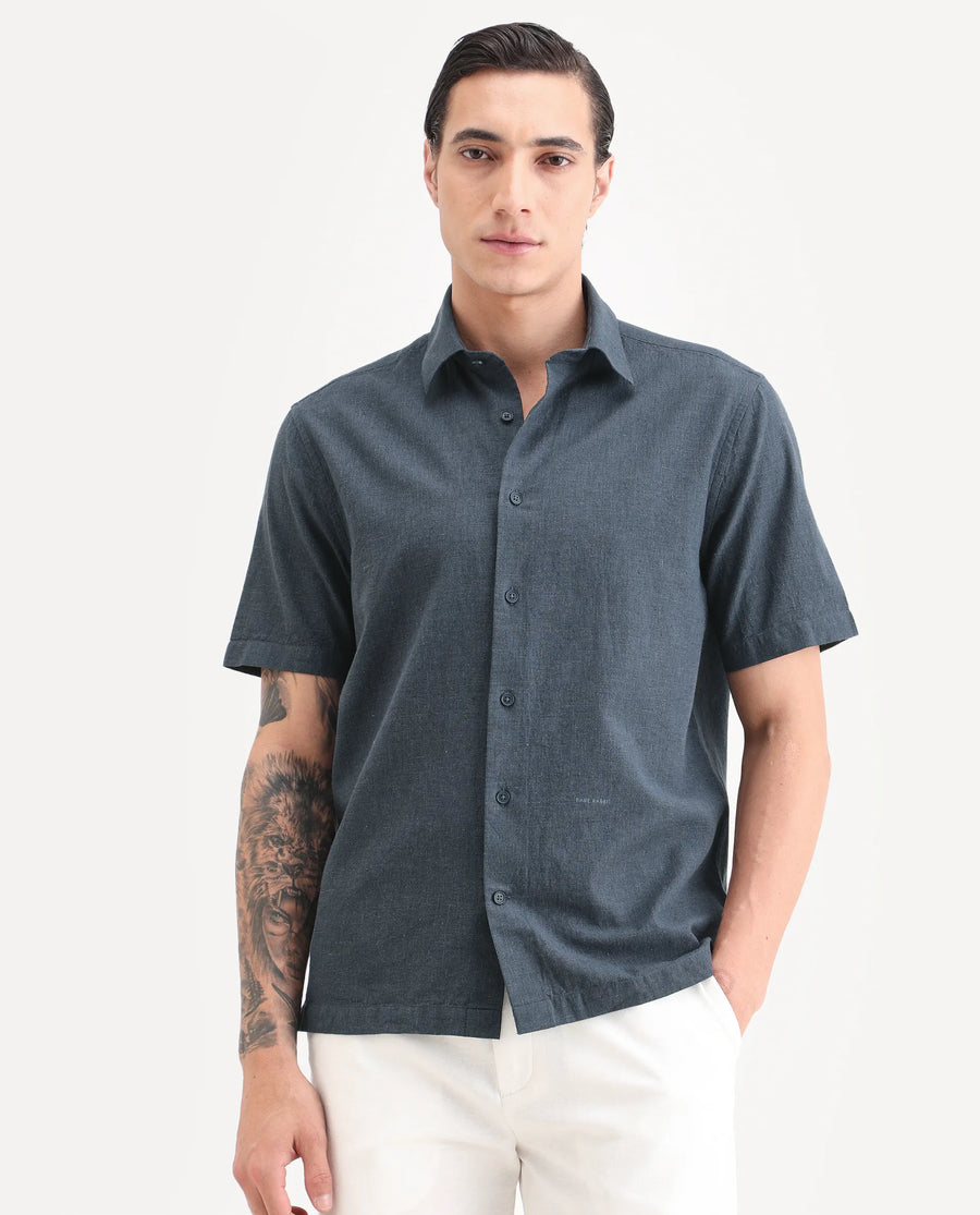 Rare Rabbit Men's Rode Dark Blue Cotton Blend Fabric Half Sleeve Spread Collar Regular Fit Plain Shirt