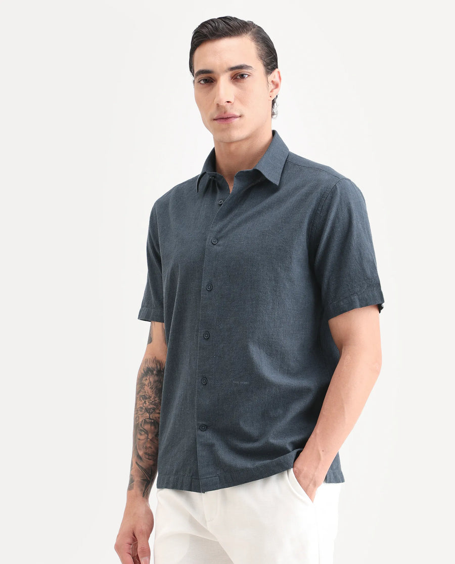 Rare Rabbit Men's Rode Dark Blue Cotton Blend Fabric Half Sleeve Spread Collar Regular Fit Plain Shirt