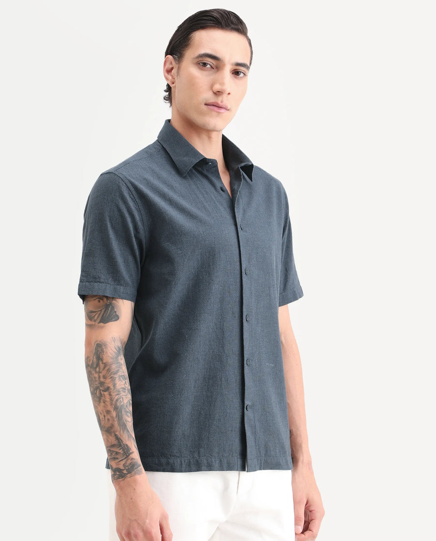 Rare Rabbit Men's Rode Dark Blue Cotton Blend Fabric Half Sleeve Spread Collar Regular Fit Plain Shirt
