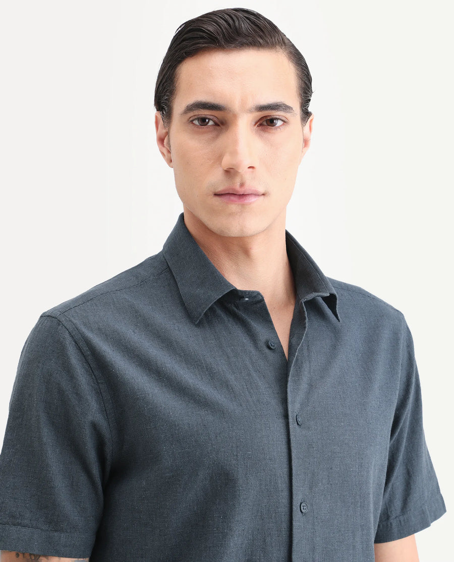Rare Rabbit Men's Rode Dark Blue Cotton Blend Fabric Half Sleeve Spread Collar Regular Fit Plain Shirt