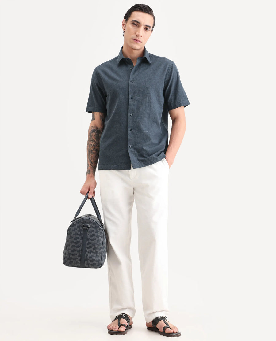 Rare Rabbit Men's Rode Dark Blue Cotton Blend Fabric Half Sleeve Spread Collar Regular Fit Plain Shirt
