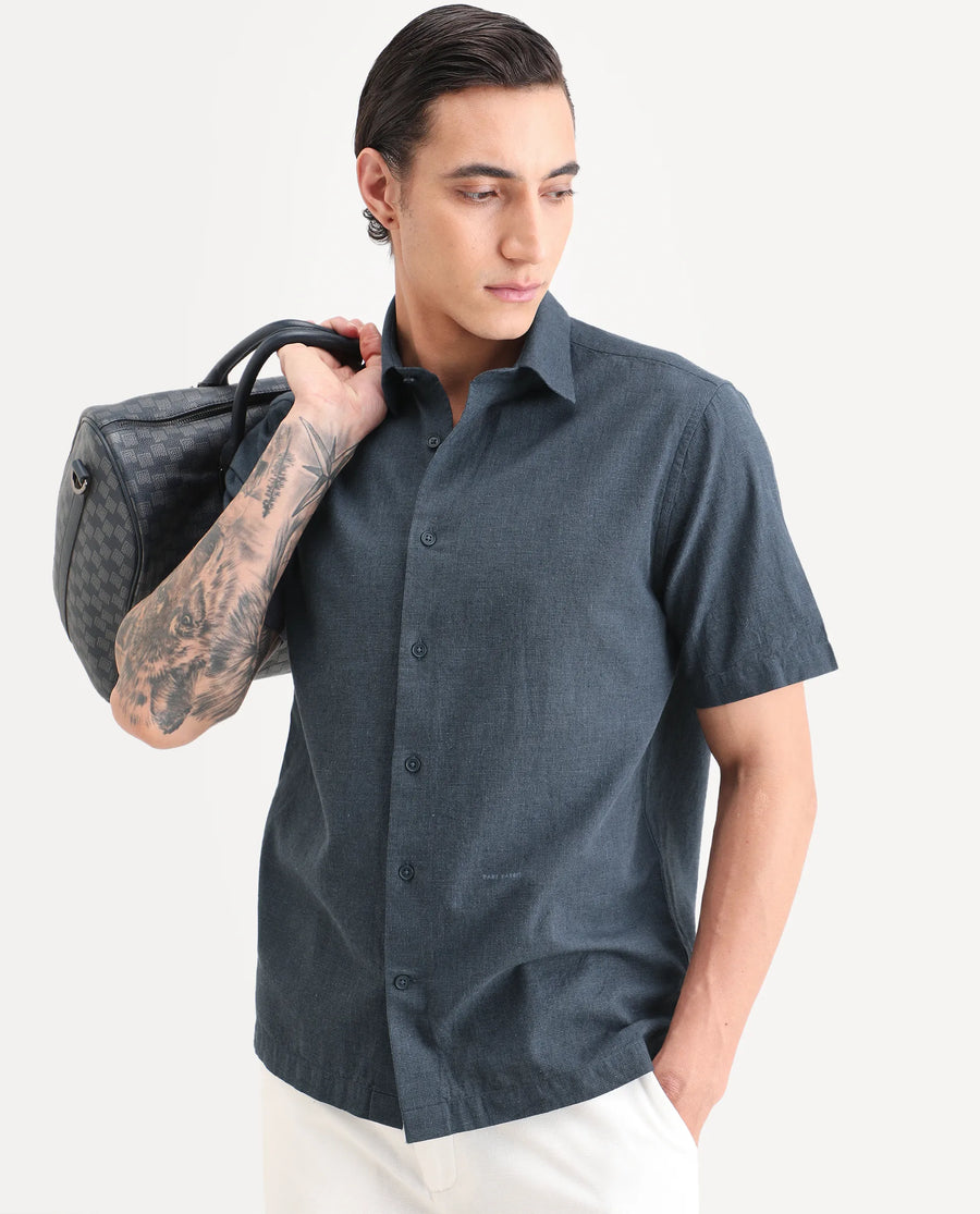 Rare Rabbit Men's Rode Dark Blue Cotton Blend Fabric Half Sleeve Spread Collar Regular Fit Plain Shirt