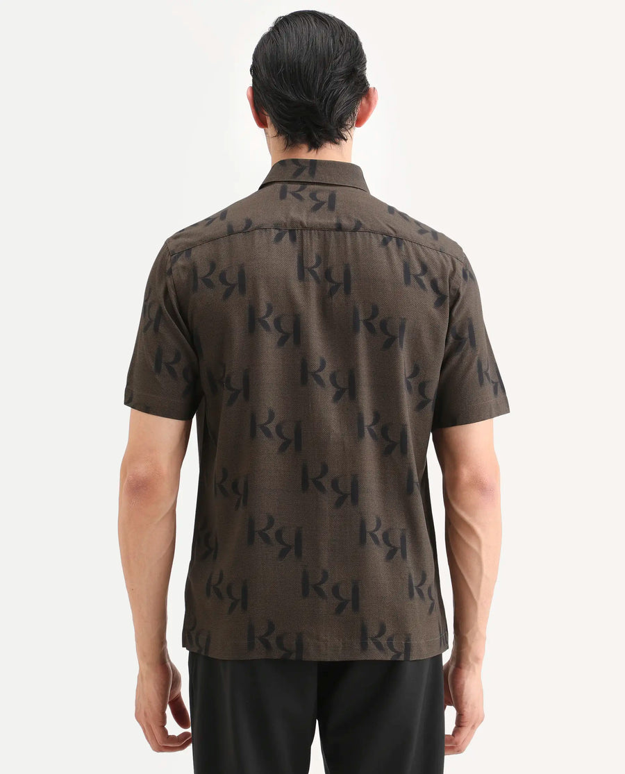 Rare Rabbit Men's Rhys 2 Dusky Brown Viscose Fabric Half Sleeve Regular Fit Monogram Print Shirt