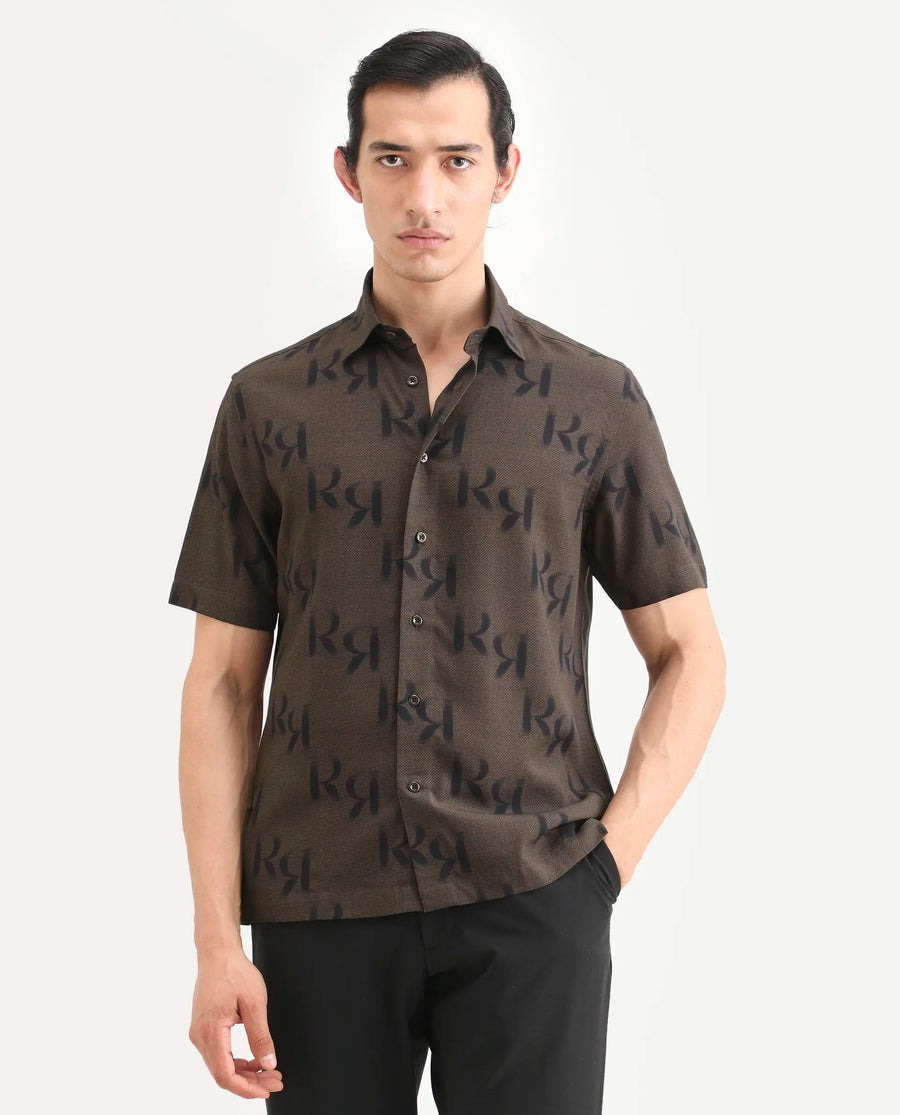 Rare Rabbit Men's Rhys 2 Dusky Brown Viscose Fabric Half Sleeve Regular Fit Monogram Print Shirt