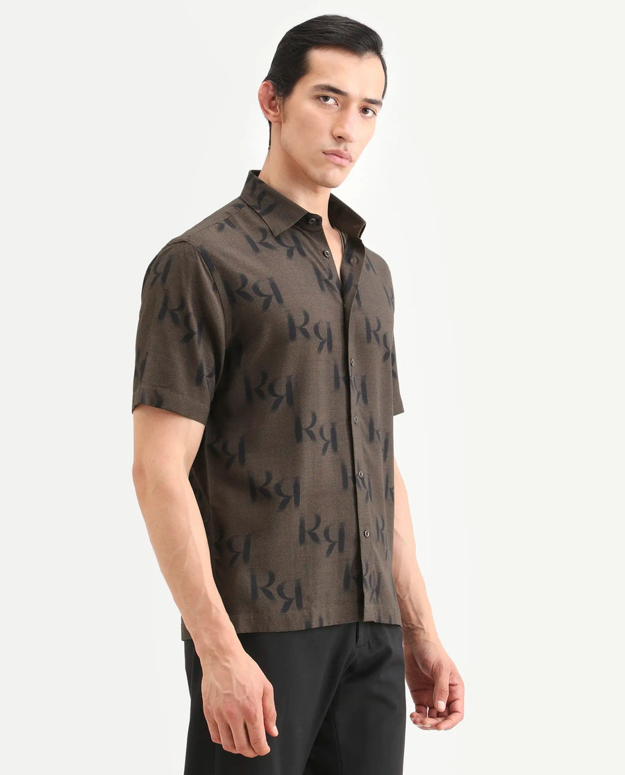 Rare Rabbit Men's Rhys 2 Dusky Brown Viscose Fabric Half Sleeve Regular Fit Monogram Print Shirt